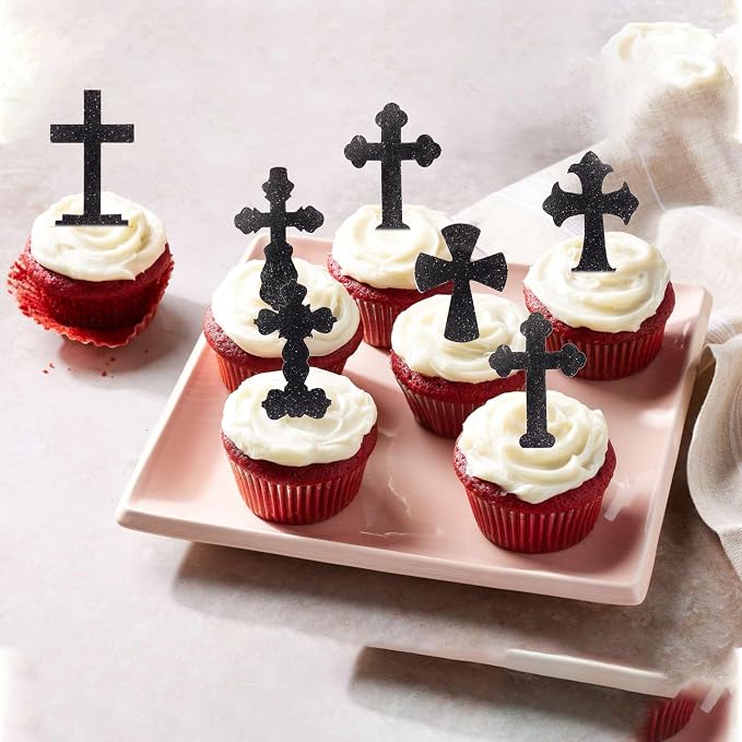 60 PCS Edible Cross Cupcake Toppers Wafer Paper God Bless Cupcake Toppers Edible Christian Baptism Cross Cupcake Picks for Religious Theme Baby Shower Birthday Party Cake Decorations Supplies Black