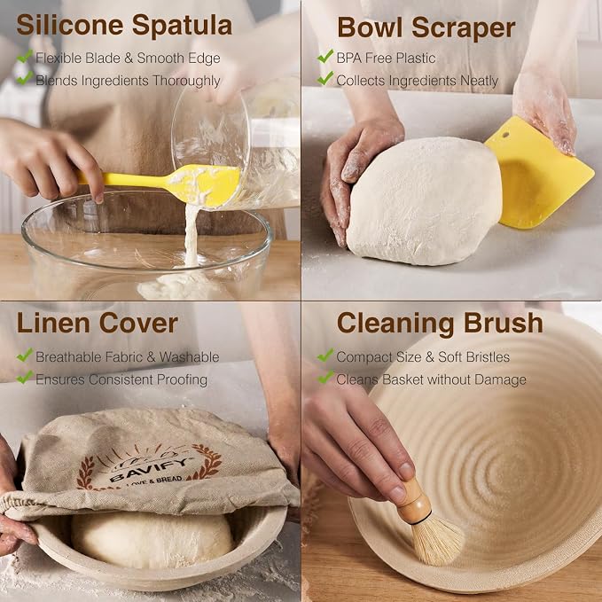 BAVIFY Sourdough Starter Kit, Banneton Bread Proofing Baskets Set, Sourdough Bread Baking Supplies Making Tools with Dough Scraper, Whisk, Bread Lame, Recipe, Wood Pulp Banneton - 2 Round Gift Set