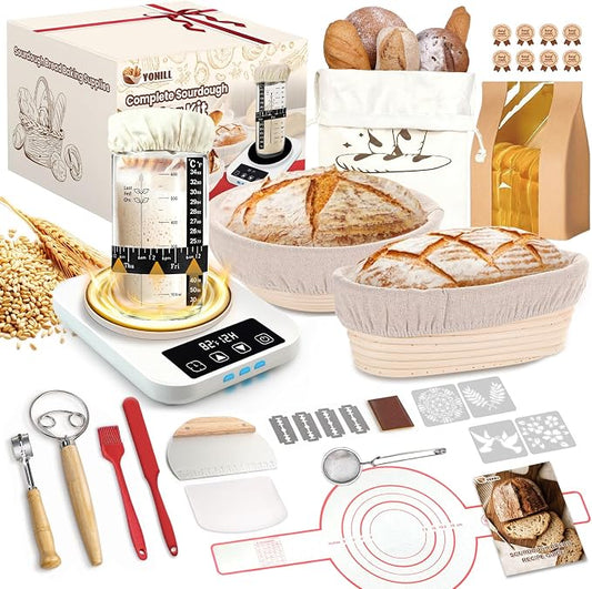 Sourdough Starter Kit with Warmer, Glass Jar and Banneton Bread Proofing Basket - Complete Sourdough Bread Baking Supplies, Sour Dough Making Essentials Tools, Gift for Bakers Beiginner Women Wife Mom