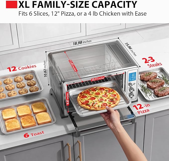 TOSHIBA 10-in-1 Convection Toaster Oven, 6-Slice Countertop Oven, 1500W with Toast, Bake, Broil, Rotisserie & Pizza Functions, LCD Knob Controls, 6 Accessories, Stainless Steel