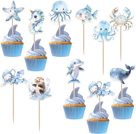 40 PCS Ocean Sea Animal Cupcake Toppers Shark Dolphin Starfish Octopus Seahorse Cupcake Picks Under the Sea Baby Shower Decorations for Under the Sea Theme Birthday Party Cake Decoration Supplies