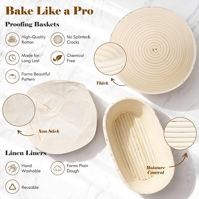 Sourdough Starter Kit with Sourdough Starter Jar, 9"Round and 10"Oval Rattan Banneton Bread Proofing Basket Set, Sourdough Baking Tools, Bread Making Supplies Gift for Bakers