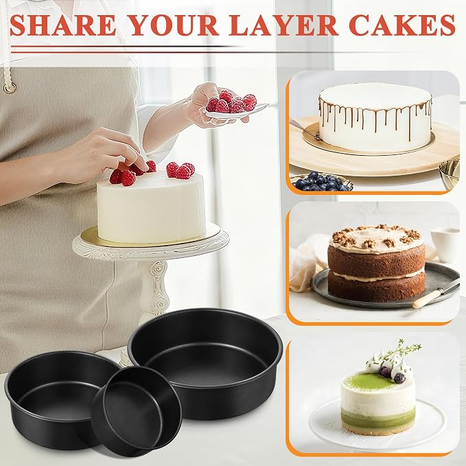 E-far Nonstick Cake Pan Set of 3, 5/7/9 Inch Stainless Steel Baking Pans Tins, Round Bakeware for Layer Cakes, Stainless Steel Core & Non-Toxic Coating, Straight Side & 2 Inch Deep