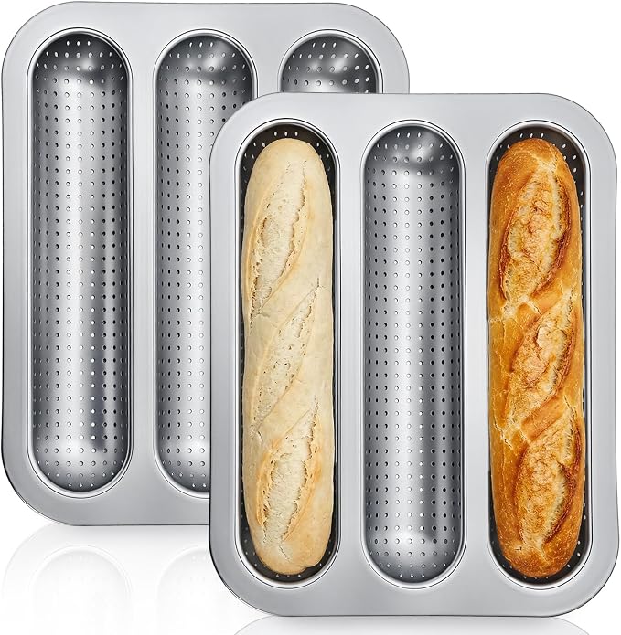 ZOOFOX 2 Pack Nonstick Perforated Baguette Pan, 3-Slot French Bread Baking Pan, Carbon Steel Baguette Tray for Professional and Home Baker, Sourdough, Italian Bread Baking