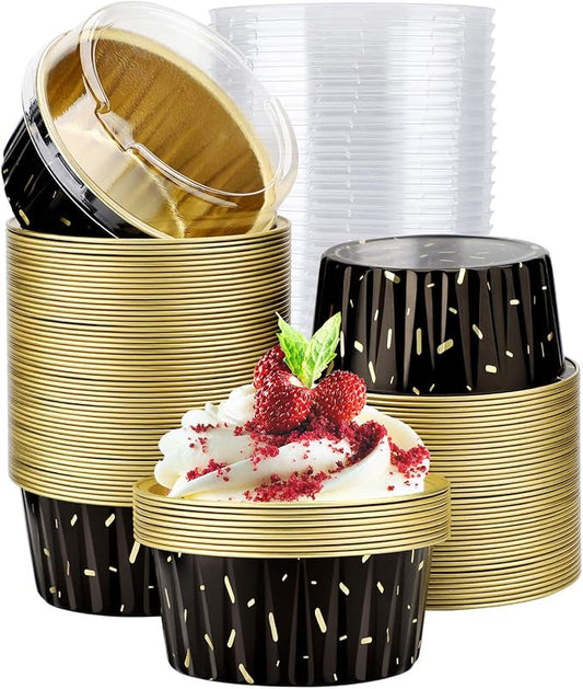 EUSOAR Foil Baking Ramekins, 100pcs 5oz 125ml Muffin Liners Creme Brulee Cups with Lids, Cupcake liners Baking Cups Aluminum Foil Cupcake Pudding Bake Cups Holders Pans Oven Safe