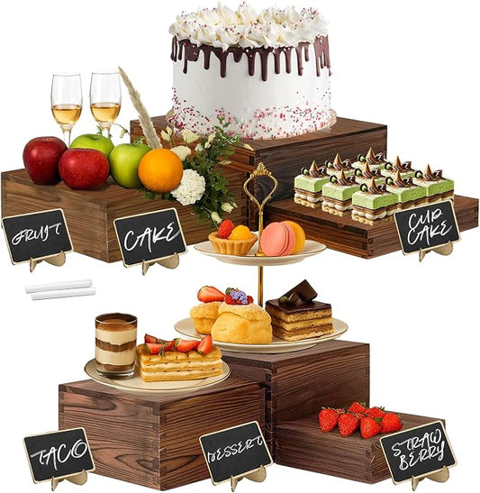 6-Pack Wood Risers Display Stands, Multi-Height Food Risers for Buffet Table, Rustic Wooden Cake & Cupcake Stands for Party, Birthday, Wedding, Halloween Decor