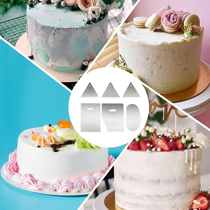 6 PCS Stainless Steel Metal Cake Scraper Set, Patterned Edge Cake Scraper Comb Smoother, Baking Decoration Tools for Mousse Butter Cream Cake Decoration