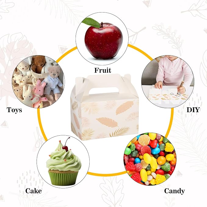 10 PCS Party Favor Treat Boxes, 6.5 x 4 x 4 Inches Gable Box with Handle, Goodie Boxes for Sweets, Candy, Cookie, Summer Picnic, Mother's Day, Outdoor Wedding, Baby Shower, Graduation, White Leaf
