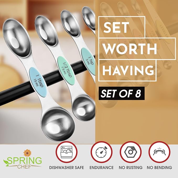 Spring Chef Stainless Steel Magnetic Measuring Cups, Set of 7 & Heavy Duty Magnetic Measuring Spoons, Set of 8 with Leveler - for Dry and Liquid Ingredients - 2 Product Bundle - Pastel