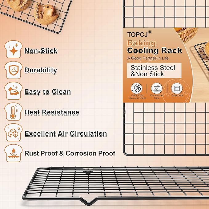 TOPCJ 2PCS Cooling Rack for Baking, 10”X15” Heavy Duty Wire Rack for Grilling,Baking, Roasting,Cooking,Non-Stick,For Jelly Roll Baking Trays,Multi-Purpose Drainer Rack,Stainless Steel,Black