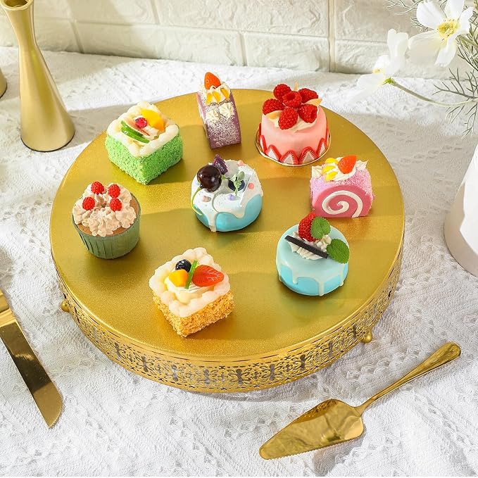 Wenqik 14 Inch Gold Cake Stand Set Metal Round Cupcake Dessert Wedding Cake Stand with Cutting & Spatula Cookies Display Holder Fruit Serving Tray for Table Wedding Birthday Anniversary Party