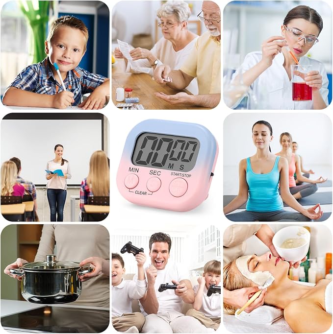 Weewooday 12 Pcs Digital Kitchen Magnetic Timer Bulk Classroom Count up Countdown Timer Large Digits Egg Loud Alarm Cute Desk Stopwatch for Teacher Kids Cooking Office(Pink and Blue,Gradient Style)