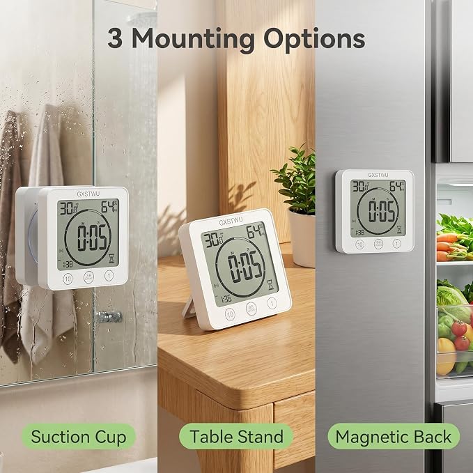 Digital Shower Clock, Bathroom Timer Clock, Waterproof for Water Spray, Count Up Count Down Alarm, Touch Screen Timer, Temperature Humidity, Wall Clock Magnet, Suction Cup, Hang, Stand (1pack)