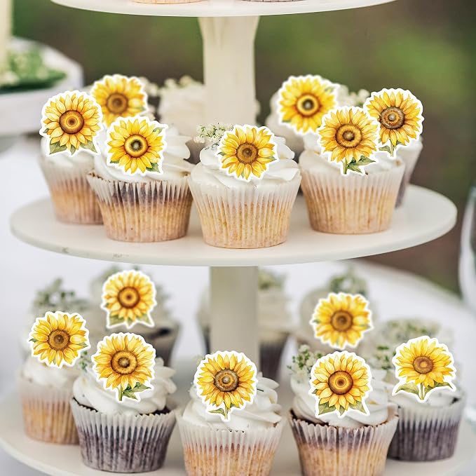 48 Pack Edible Sunflowers Cupcake Toppers Wafer Paper Floiwers Cupcake Picks Edible Yellow Sun Flower Cake Decor for Sunflower Theme Party Wedding Baby Shower Birthday Supplies (Sunflowers)