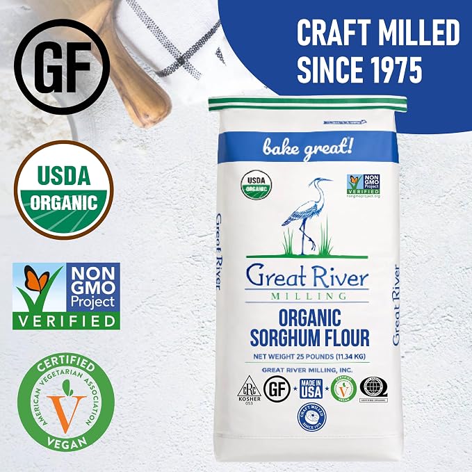 Great River Milling Organic Sorghum Flour | Whole Grain Gluten Free Flour | Non-GMO, Vegan & Kosher Certified | Milled for Smooth Texture | Ideal for Bulk Baking & Cooking, Pancakes & Batters | 25 Lb