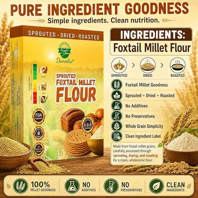 Danodia Foods Organic Foxtail Millet Flour 950g/2 lb | Gluten Free, Sprouted, Roasted & Ground Millet Flour | For Flatbread, Cookies, Pancakes, Baking & Indian Cooking | Low GI
