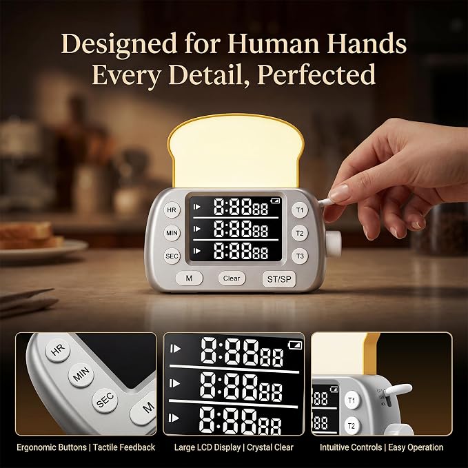 Digital Kitchen Timer for Cooking - 3-Channel Magnetic Countdown Timers with Memory Preset for Baking, Toaster, Eggs Includes Memo Notes (Silver)