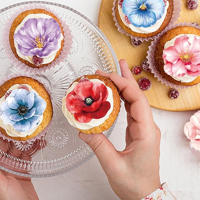 48 PCS Edible Flowers Cupcake Toppers Wafer Paper Wildflower Party Decoration Wedding Themed Party Decorations Picks for Baby Shower Wedding Birthday Party Cake Food Decorations Supplies
