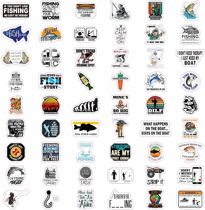 100Pcs Funny Fishing Stickers — Fisherman Decals for Laptops, Water Bottles, Scrapbooking — Fishing Gifts for Men & Women, Laptop Decals, Gifts for Women & Men
