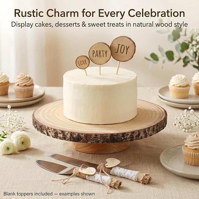 Relaxing Garden 12 Inch Bark Edge Wood Cake Stand Set with Toppers | Sealed 12 in bark-edge wood stand with knife, server and 3 write-on toppers for wedding, birthday and shower cakes