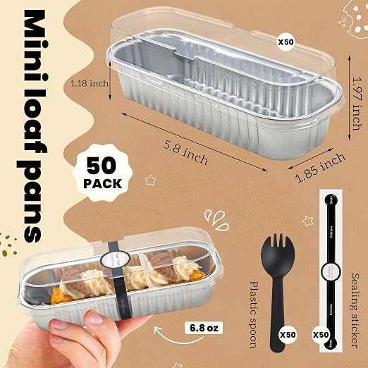 NPLUX 50 PACK Mini Cake Pans with Lids and Spoons, Rectangular Aluminum Foil Bread Pan, Mini Loaf Pans and Food Containers with Lids for Graduation Gifts Party Favors(Silver, 6.8oz)