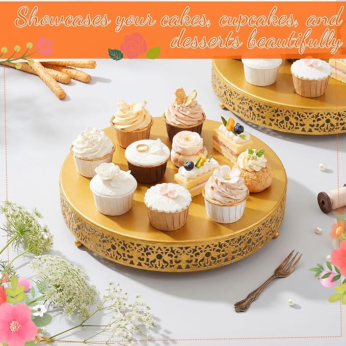 Wenqik 2 Pack Cake Stand Set, 14/16 Inch Metal Round Cupcake Dessert Stand Decorative Elegant Cake Display for Weddings Party Birthday Baby Showers Anniversary (Floral Lace,Gold)