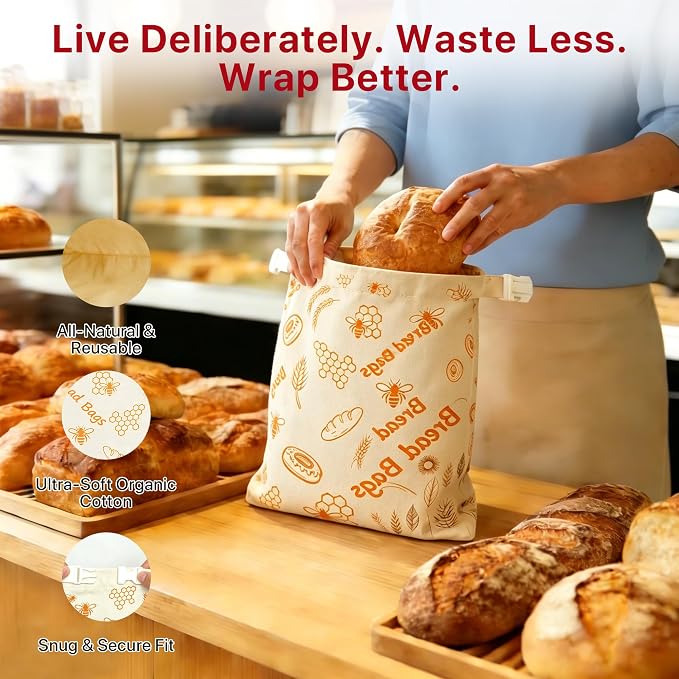 Reusable Beeswax Bread Bags Sourdough - Large Linen Bees Wax Bag for Storage Homemade Loaf - Cotton and Waxed Wrap Lined Container Lined for Sour Dough Fresh Food - Sealable Bread Keeper 2PK Set Gifts