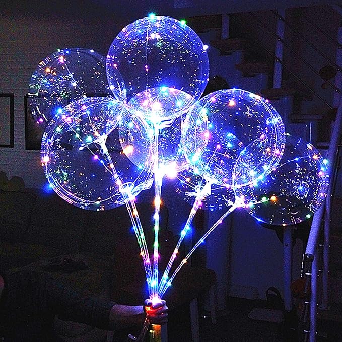 LED Light Up Bobo Balloons with Sticks,6 Packs Flashing Handles,20 Inches Bubble Bobo Balloons,70 cm Sticks,Christmas Birthday Party Decoration