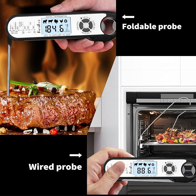 Digital Meat Food Thermometer - 2~3S Instant Read Cooking Thermometer, Backlight, Built-in Magnet, Calibration, Foldable Probe for Kitchen Deep Fry BBQ Grill Roast Turkey