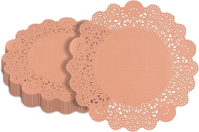 Pastry Tek 8 x 8 Inch Paper Lace Doilies, 100 Disposable Table Doilies - Elegant Lace Finish, Long Lasting, Coral Paper Doily, for Pastries, Cupcakes, Desserts - Restaurantware
