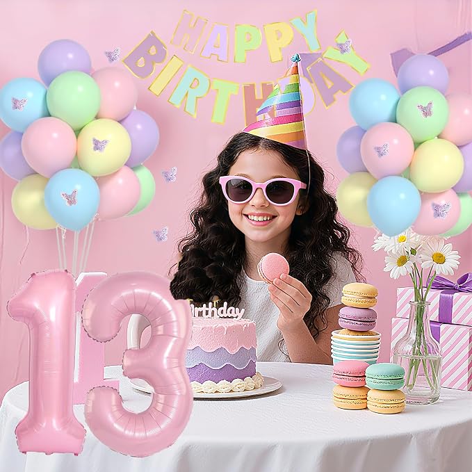 13th Birthday Decorations For Girls -12 Inch Pastel Balloons, 32 Inch Pink 13 Balloon, 3D Butterflies Stickers, Happy Birthday Banner For Teen Girl 13th BD Decorations