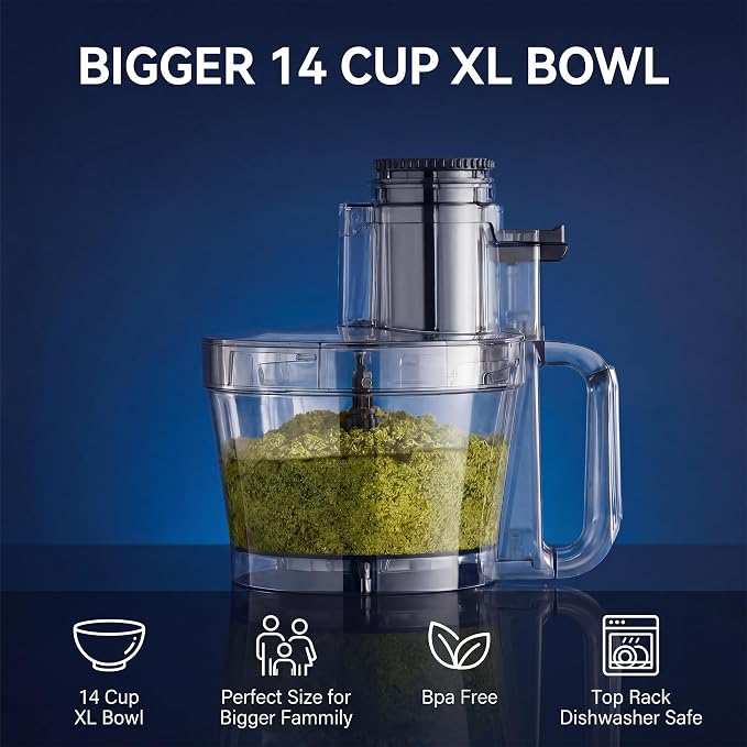 14 Cup Food Processor - XL Bowl Food Processor with Large Feed Chute, French Fry Cutter, Chop Vegetables, Slice Potatoes, Shred Cheese, Mix Dough for Family Meal Prep