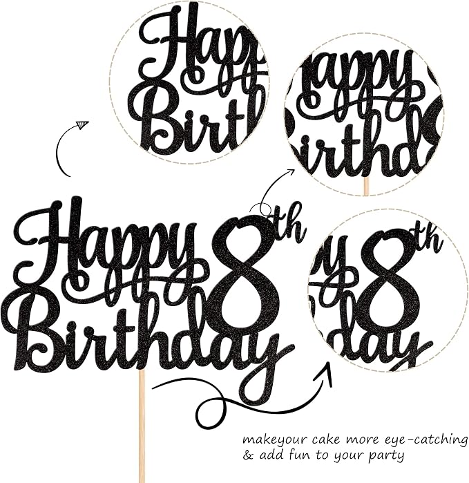 1 PCS Happy 8th Birthday Cake Topper Glitter Cheers to 8 Years Cake Pick Number 8 Fabulous Cake Decoration for 8th Birthday Theme Party Decorations Supplies Black