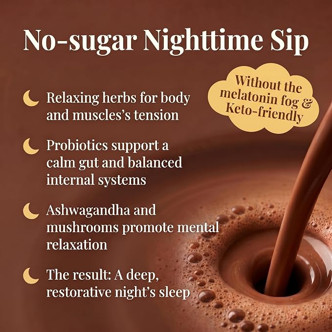 Mushroom Hot Cocoa Powder with Magnesium Glycinate, L-Theanine, Probiotics, Ashwagandha, Reishi, Cacao Powder Organic Hot Chocolate Supplement for Sleep, Relax, Digestion, No Melatonin, Vegan, 7.4oz