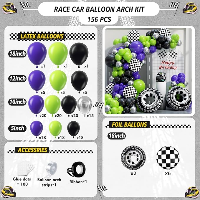 Monster Truck Balloon Arch Garland Kit 156pcs, Green Purple Black Silver Big Wheels Race Car Balloons Arch Kit for Two Fast Theme Boy Birthday Anniversary Monster Truck Jam Party Decorations