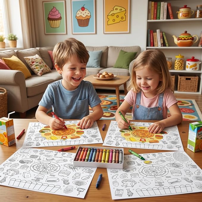 45pcs Food Disposable Coloring Placemats Yummy Foods Crafts for Kids Birthday Party Favors Coloring Poster Pizza Ice Cream Burger Donut Taco Activity Restaurant Church Supplies Paper Table Mats