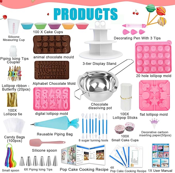 Cake Pop Maker Kit 618Pcs with 5 Silicone Mold Sets - 3 Tier Display Stand, Chocolate Candy Melting Pot, Piping Tips and Coupler, Measuring Cup, Muffin Cupcakes, Lollipop Sticks, Valentine Easter Gift