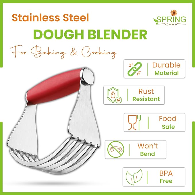 Spring Chef XL Stainless Steel Pastry Cutter Tool for Baking - Heavy Duty Dough Blender - Butter & Dough Cutter Tool with Sharp Blades - Pastry Blender for Easy Mixing - Dishwasher Safe - Red