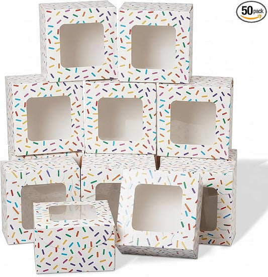 50 Pack Colorful Sprinkles Cookie Boxes with Window, Confetti Treat Boxes for Kids Birthday, Rainbow & Sprinkle Party, Bakery Favor for Cookies, Macarons & Cupcakes