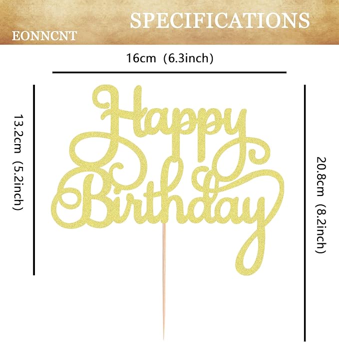 Happy Birthday Cake Topper - Gold Glitter Birthday Party Cake Decoration Supplies, Photo Booth Props