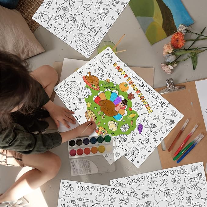 45pcs Thanksgiving Coloring Placemats for Kids Disposable Coloring Poster Fall Autumn Gifts School Classroom Activities Paper Table Mats