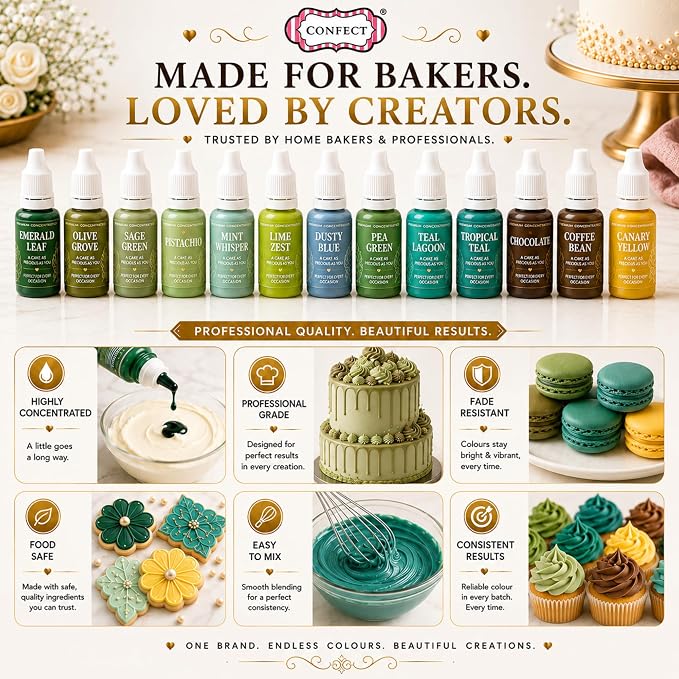 Confect Nature Palette Gel Food Coloring Set – 12 Highly Pigmented Colors for Buttercream, Cakes, Cookies, Macarons & Baking – 10mL Bottles