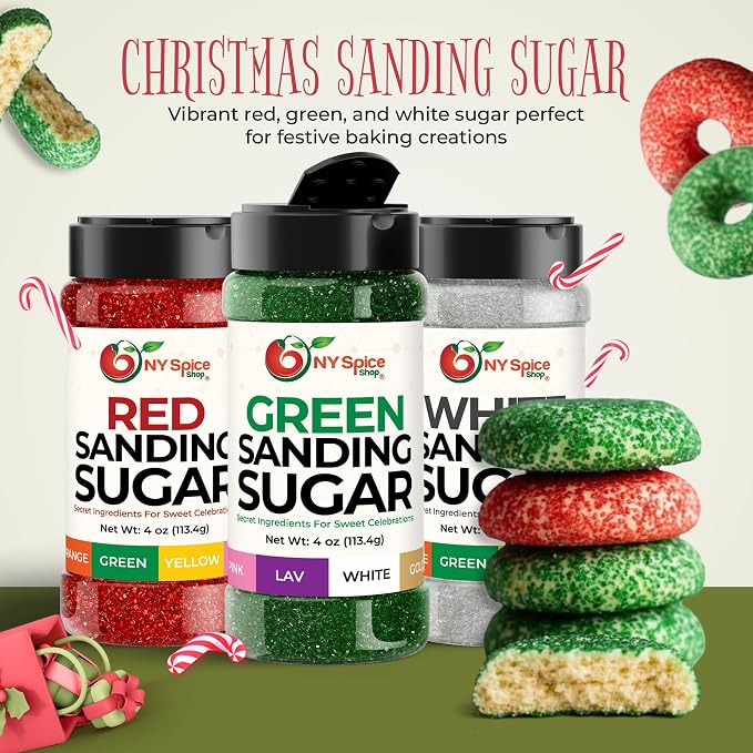 NY Spice Shop Sanding Sugar – Pack of 3 Red Green & White Baking Sugar Crystals - Holiday Dessert Decorations & Colorful Sugar - Themed Baking Supplies