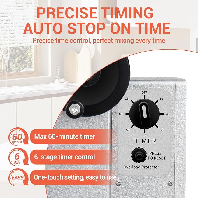 Commercial Food Mixer 10Qt. It can be set to run for 60 minutes at a time,500W Dough Mixer with Stainless Steel Bowl Dough Hooks Whisk Beater, With Safety Guard for Bakeries Restaurants Pizzerias