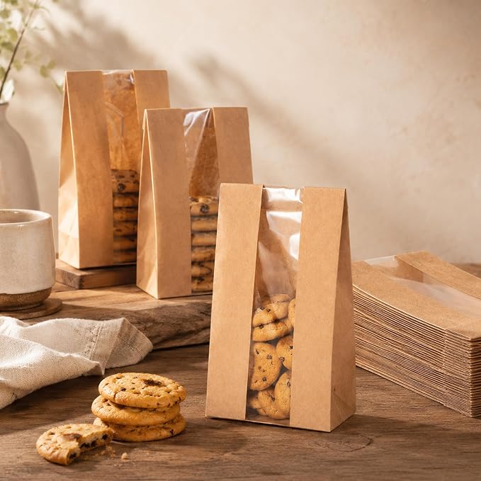 50 Pack Cookie Bags with Window, 3.5"x 2.3"x7.5" Kraft Paper Bakery Bags with Stickers for Snack, Cupcake, Popcorn, Coffee Bean, Party Favor, Cookie Packaging