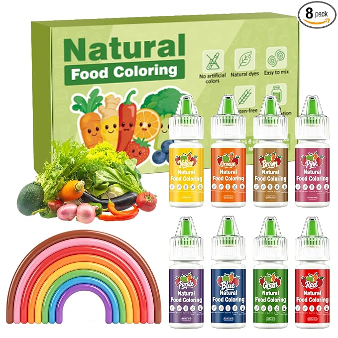 Natural Food Coloring Set 8 Colors FD&C Dye Free Natural Food Dye Set for Cake Baking Easter Egg Icing Frosting Fondant Cooking Decorating - 0.25 Fl. oz (6 ml)/Bottles