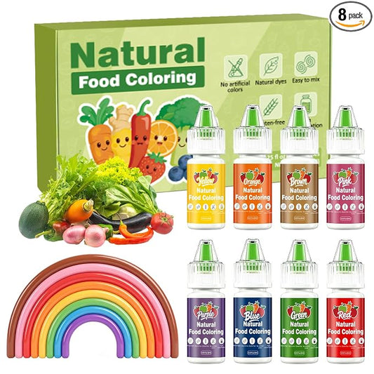 Natural Food Coloring Set 8 Colors FD&C Dye Free Natural Food Dye Set for Cake Baking Easter Egg Icing Frosting Fondant Cooking Decorating - 0.25 Fl. oz (6 ml)/Bottles