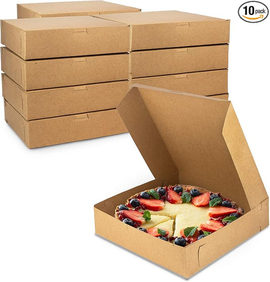 Fit Meal Prep 10 Pack Kraft Bakery Boxes, 10 x 10 x 2.5 Inches Brown Pastry Boxes, Cardboard Treat Boxes Pie Boxes Cookie Boxes Dessert Boxes for Cupcakes, Chocolates, Donuts, Macarons