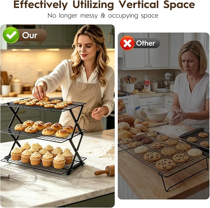 3-Tier Upgraded Stackable Cookie Cooling Rack-Collapsible Cooling Racks for Cooking And Baking Rack with Adjustable, Multifunctional Baking Cooling Rack for Cookies, Roasting, Countertop