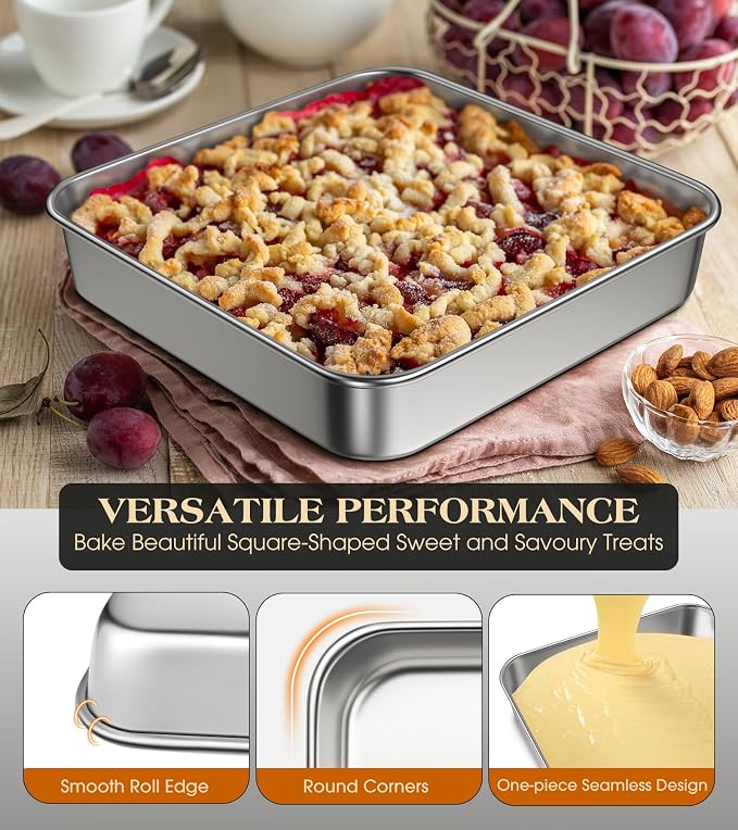 8 x 8-Inch Baking Pan with lid, 304 Stainless Steel Square Cake Pan, Bakeware for Cakes Brownies Casseroles, Thicker Rectangle Sheet Cake Pans, Non-toxic & Heavy Duty & Dishwasher Safe - Set of 2